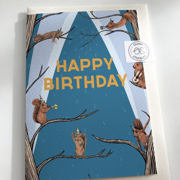 Musical Squirrel Birthday Card - Red Squirrel Card - Wildlife Birthday Card - Squirrel Band Birthday Card