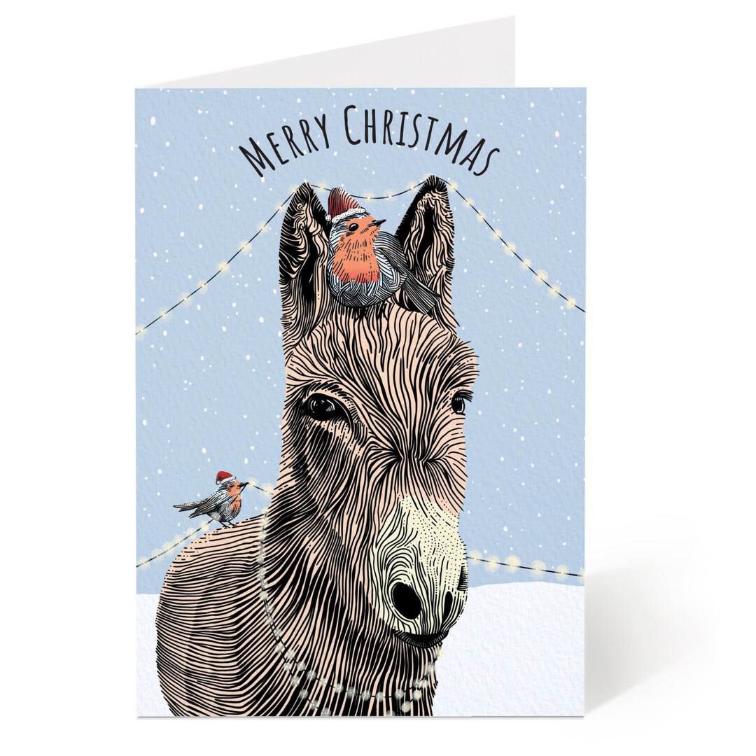 Christmas Donkey Card Donkey and Robin Christmas Card Xmas Donkey Card
