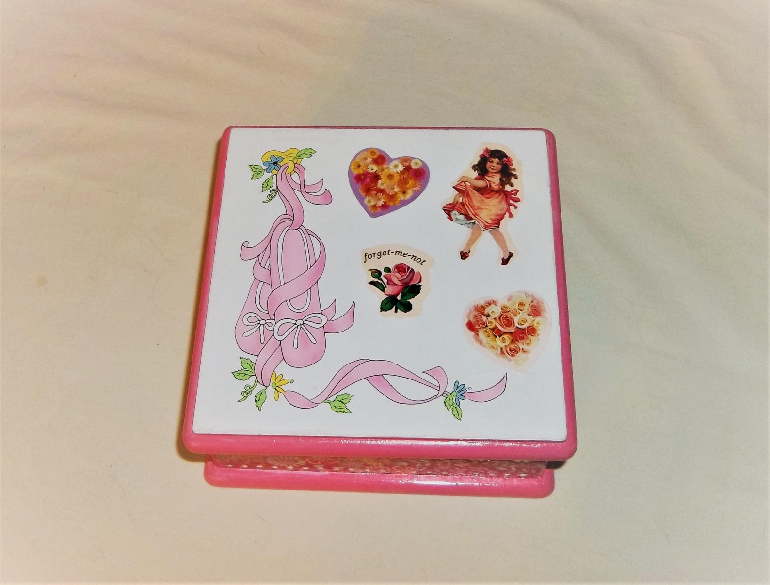 upcycled pink & white child's wood jewelry box - little girl / hearts / flowers / ballet shoes