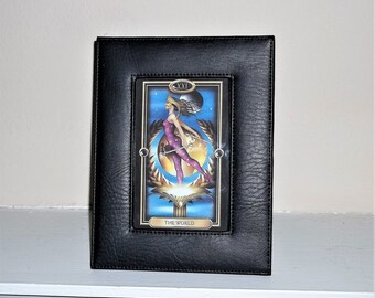 THE WORLD Card from The Gilded Tarot in an 8 1/2' x 6 1/2" Black Leather Desktop Frame - Wall Hanging - Framed Tarot Art