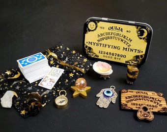 POCKET DIVINATION KIT in Ouija Altoid Tin: Universal Waite Tiny Tarot Deck, Tiger Eye Skull & Owl, Wood Ouija Board, Hamsa Hand, Evil Eye