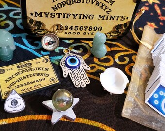 POCKET DIVINATION KIT in Ouija Altoid Tin: Universal Waite Tiny Tarot Deck, Green Adventurine Skull & Cat, Ouija Board, Hamsa Hand, Crystal
