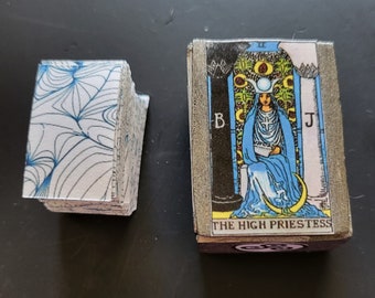 Miniature Tarot Box & RWS Deck - Gray Decorative Custom Hinged Box - High Priestess - Fortune Teller - The Cards Never Lie