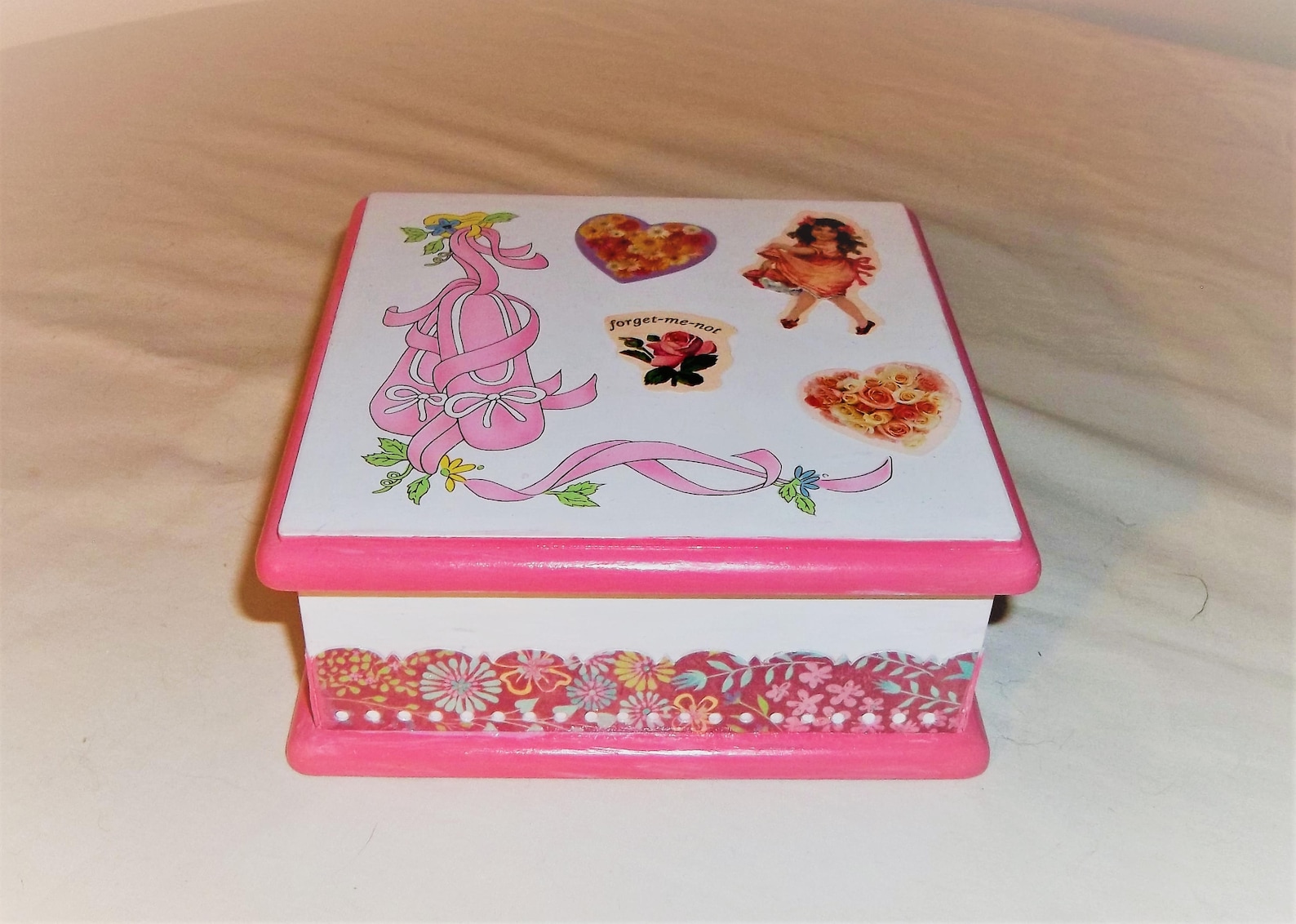 upcycled pink & white child's wood jewelry box - little girl / hearts / flowers / ballet shoes
