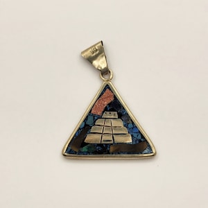 SUN Aztec Mesoamerican Pyramid Double Sided Triangle Pendant Sterling Silver w/ Mosaic of Inlaid Stones - Hencho En MEXICO