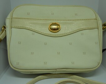 MONET Vintage Cream Classic Signature Crossbody Handbag Gold Hardware.