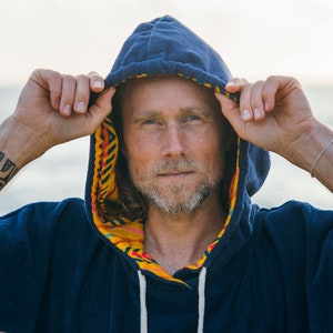 Pakal Ethnic Ocean Blue Surf Poncho - Cotton Towel with Yellow Tribal Pattern