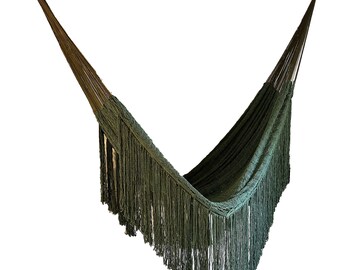 Family Size Hand Woven Cotton Fringe Hammock / Olive Green