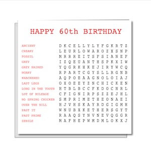 Carte de recherche de mots amusante pour le 60e anniversaire - drôle, humoristique, amusante, effrontée - sur la colline