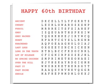 Funny 60th Birthday Wordsearch Card - Funny, Humorous, Amusing, Cheeky - Over the Hill -Sixty Sixtieth Quiz Puzzle