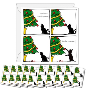 10 x Funny Cat Christmas Card for your Friends or Family - Pack of 10 cards - Will it Bounce - Tree and Baubles - Humorous / Humour