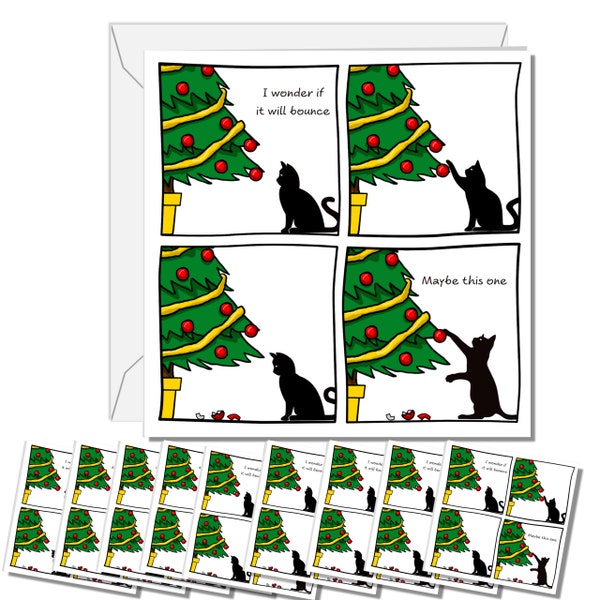 10 x Funny Cat Christmas Card for your Friends or Family - Pack of 10 cards - Will it Bounce - Tree and Baubles - Humorous / Humour