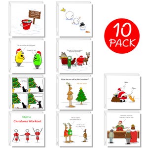 Könnte beinhalten: Ein Paket mit zehn Weihnachtskarten mit humorvollen Illustrationen. Die Karten zeigen verschiedene festliche Szenen, darunter Schneemänner, Weihnachtsmann, Rentiere und Weihnachtsbäume. Text enthält "Enjoy a Christmas Workout" und "No are deer."