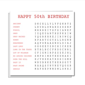 Carte de recherche de mots amusante pour le 50e anniversaire - drôle, humoristique, amusante, effrontée - sur la colline