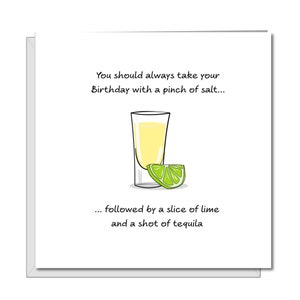 Carte d'anniversaire Tequila 18e 21e 30e 40e 50e amis amitiés. Carte amusante, humoristique et amusante. Sel de chaux d'alcool. Fait main