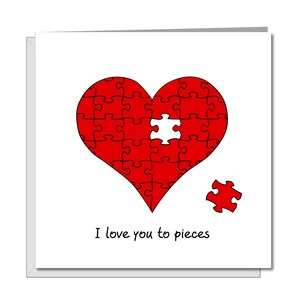 Carte d'anniversaire romantique / Saint Valentin / Fiançailles / Carte de mariage - Je t'aime en morceaux - meilleur petit ami petite amie femme mari coeur rouge