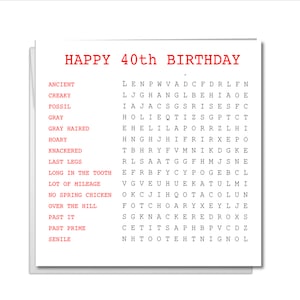 Carte de recherche de mots amusante pour le 40e anniversaire - drôle, humoristique, amusante, effrontée - sur la colline