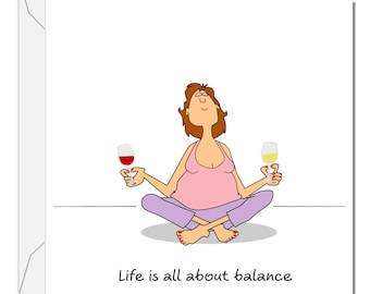 Funny Female Friend Birthday Card Humorous Bestie Birthday Card for Women Life About Balance Yoga and Wine Sister Auntie Mum Daughter Her