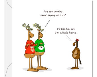 Funny Christmas Card for all the family, friends, children, work colleague - humorous reindeer horse cartoon. Cheeky cute design by Swizzoo