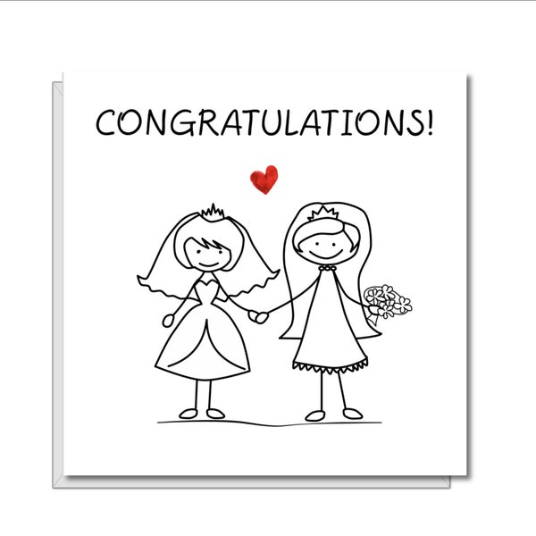 LGBT Lesbian Gay Engagement Wedding Card for brides partners - Congratulations getting married same sex-  cheeky female women handdrawn