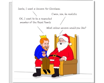 Carte de Noël drôle Prince Harry et Meghan Markle - Père Noël - Respect de la famille royale - Licorne humoristique / Humour - Blague Cartoon Fun