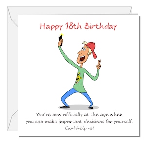 Carte de félicitations pour le 18e anniversaire, 18 ans, joyeux anniversaire. Garçon masculin drôle de carte grossière - adolescent de dix-huit ans