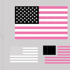 May include: A pink and white American flag with black stars. The flag is shown in three different sizes. The largest flag has a black field of stars, while the smaller flags have a white field of stars.
