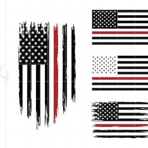 May include: Three variations of an American flag with a red stripe across the bottom, representing the thin red line. The first flag is a distressed design, the second is a clean design, and the third is a distressed design with a red stripe across the bottom.