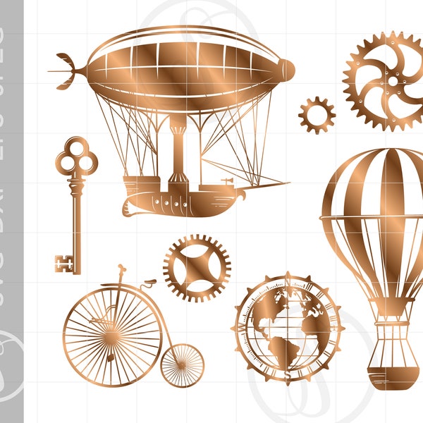 STEAMPUNK Svg Cut File Clipart Downloads | Steampunk Travel Clipart Svg | Bronze Steampunk Balloon Svg | Steampunk Blimp Ship Compass SC408B