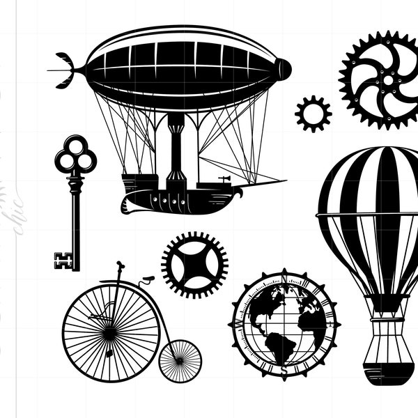 STEAMPUNK Svg Cut File Clipart Downloads | Steampunk Balloon Svg | Steampunk Blimp Ship Compass Svg | Steampunk Travel Clipart Svg SC408