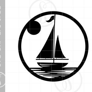 May include: A black and white silhouette of a sailboat with a sail and a flag in a circle.