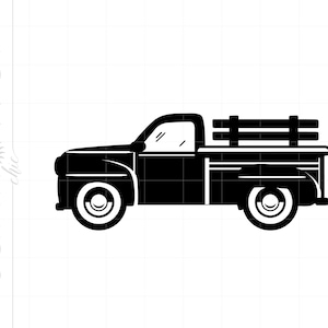 May include: A black silhouette of a vintage pickup truck with a wooden rack in the bed. The truck has a rounded cab and large wheels.