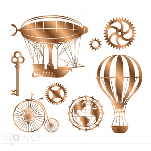 May include: A set of copper-colored steampunk-style illustrations featuring a hot air balloon, an airship, a bicycle, a key, a gear, and a globe.