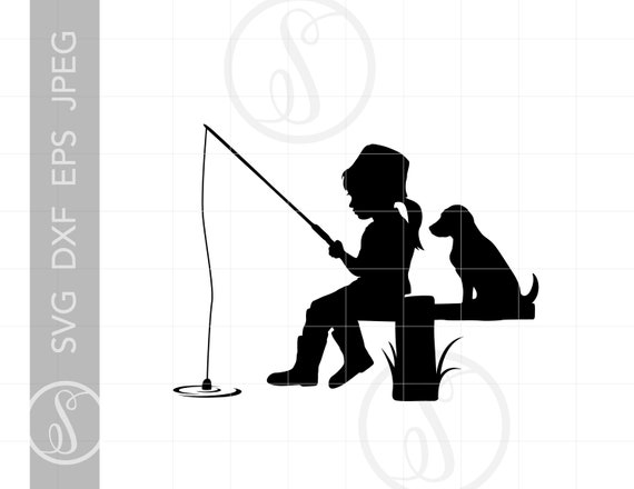 Girl and Dog Fishing SVG Clipart | Girl and Dog Fishing Silhouette Cut File  | Vector Girl Fishing Svg Jpg Eps Pdf Png Dxf Downloads SC1885