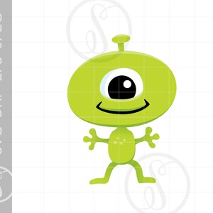 May include: A green cartoon alien with one large eye and a smiling mouth. The alien has a small antenna on top of its head and is standing with its arms outstretched.