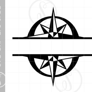 Può includere: Design di monogramma diviso in bianco e nero con una rosa dei venti con una stella al centro. Il design è diviso orizzontalmente a metà con uno spazio per il testo al centro.
