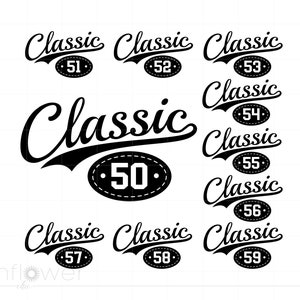 Könnte beinhalten: Schwarz-weißes Grafikdesign mit dem Wort "Classic" in Schreibschrift und den Zahlen 50 bis 59 in ovalen Formen. Das Design wird mehrfach wiederholt.
