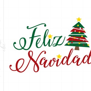 May include: Green and red Christmas tree with yellow stars and ornaments. The text "Feliz Navidad" is written in green and red cursive.