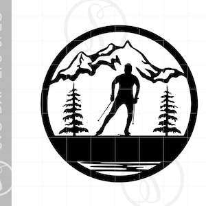 Skier SVG | Skier Silhouette Download Cut File | Skiing Monogram Ribbon Banner Template Svg Jpg Eps Pdf Png Dxf Download SC1933