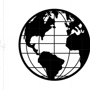 May include: A black and white illustration of the Earth with a grid pattern. The continents are outlined in black.