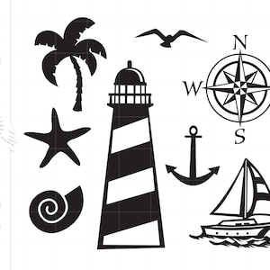 May include: Black and white silhouette clipart set featuring nautical and beach themes. Includes a lighthouse, palm tree, sailboat, compass, anchor, seashell, and starfish.