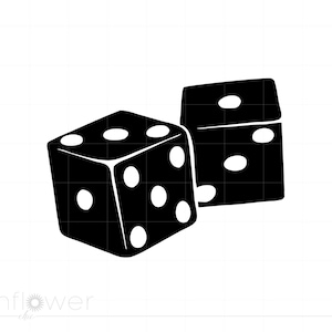 May include: Two black dice with white dots. The dice are in a stacked position, with the top die showing four dots and the bottom die showing five dots.