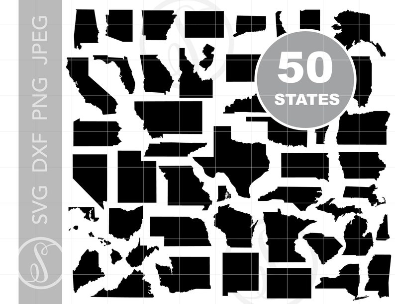 May include: Black and white silhouette outlines of all 50 US states. The states are arranged in a random pattern. The text "50 STATES" is in a circle in the center of the image.