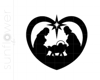 May include: Black and white silhouette of the nativity scene with Mary, Joseph, and baby Jesus in a manger. The scene is inside a heart shape with a star above.