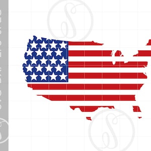 Puede incluir: Un gráfico del mapa de los Estados Unidos en rayas rojas y blancas con un cuadrado azul que contiene estrellas blancas. La imagen es un archivo digital, con el texto "SVG DXF EPS JPEG" en el lado izquierdo.