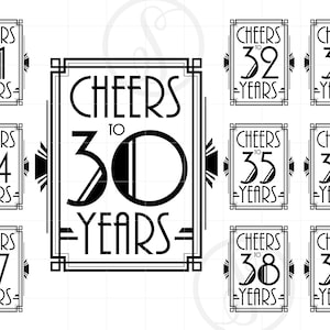 Art Deco Cheers To 30-39 Anos SVG Silhueta Clipart | Cheers to Years 30-39 Arquivo de Corte | Gatsby Style Design Svg Jpg Dxf Pdf Png SC1630