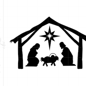 May include: Black and white silhouette of the nativity scene with Mary, Joseph, and baby Jesus in a manger. A star shines above the stable.