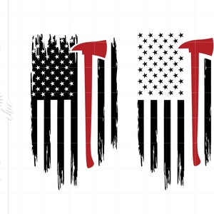 消防士旗 SVG | 赤い線 SVG カット ファイル | ダメージ加工の消防士斧旗 | 消防士の米国旗 T シャツ Cricut シルエット SC2466