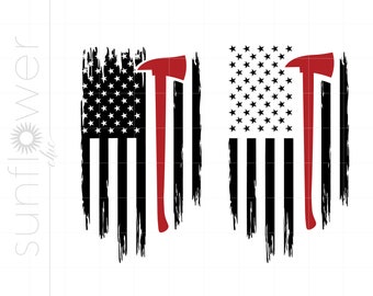 Fire Fighter Flag Svg | Red Line Svg Cut Files | Distressed Fire Fighter Axe Flag | Firefighter US Flag T Shirt Cricut Silhouette SC2466