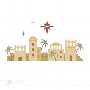 May include: A digital illustration of a beige town with a red star above it. The town has several buildings with palm trees in front of them. The star has five points and is surrounded by four smaller blue stars.